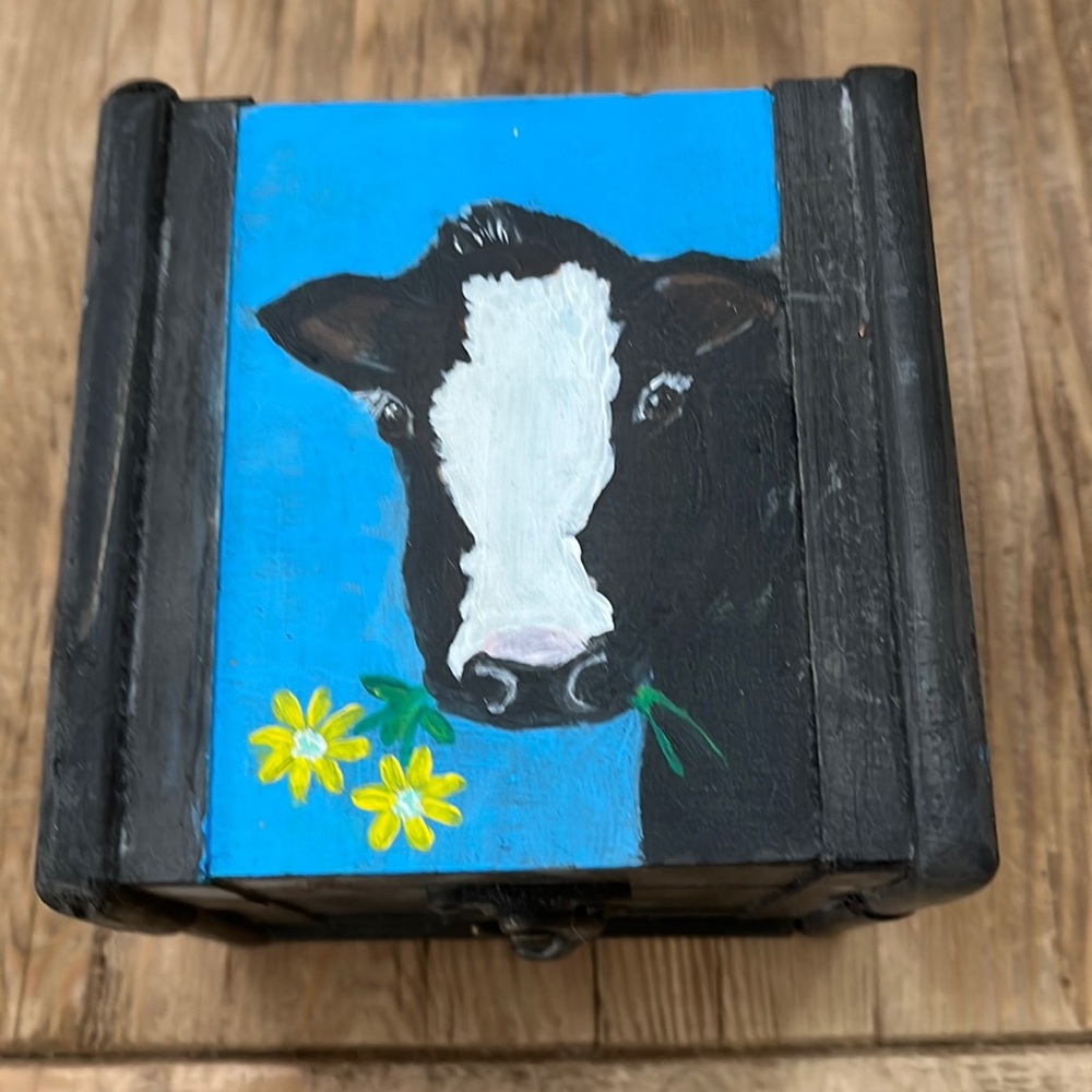 Hand painted wooden box with cow. Jewelry or Trinket Box.